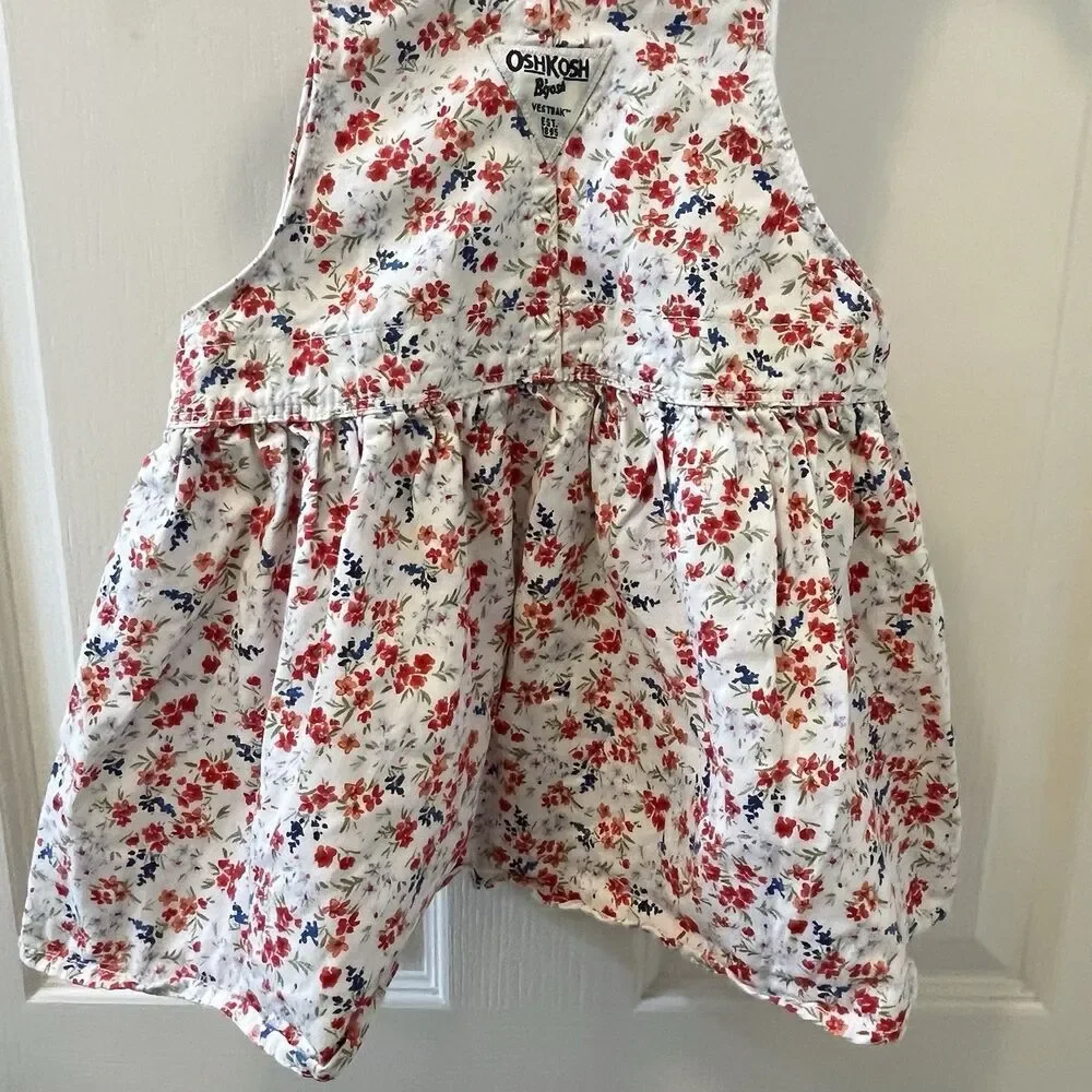 Oshkosh B'gosh Red White Blue Floral Overall Dress Cotton Girls Size 3T